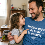 Un papa souriant avec son enfant, portant un t-shirt personnalisé "Meilleur papa de toute la galaxie" - Idée de cadeau Fête des Pères