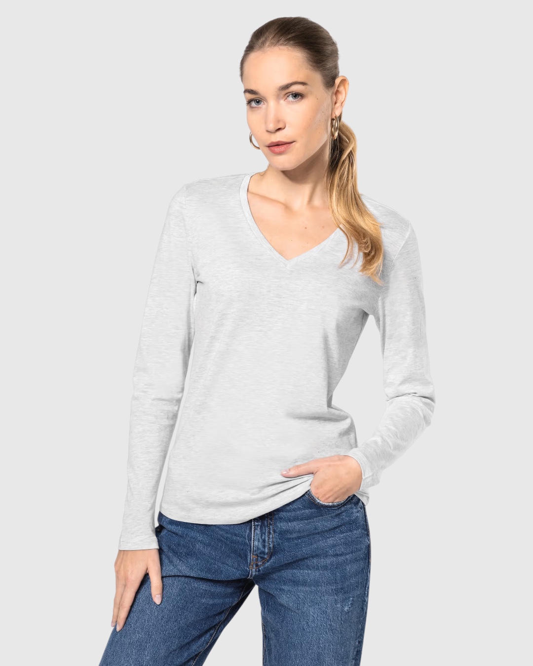 T-shirt col V femme manches longues personnalisable coton – 22 coloris – DiyShirt
