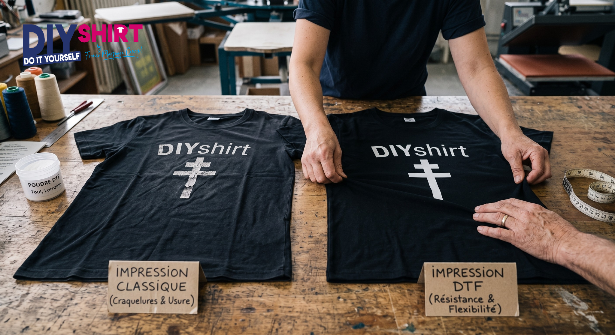 Comparaison impression DTF et impression classique résistance et flexibilité – atelier DIYShirt Toul