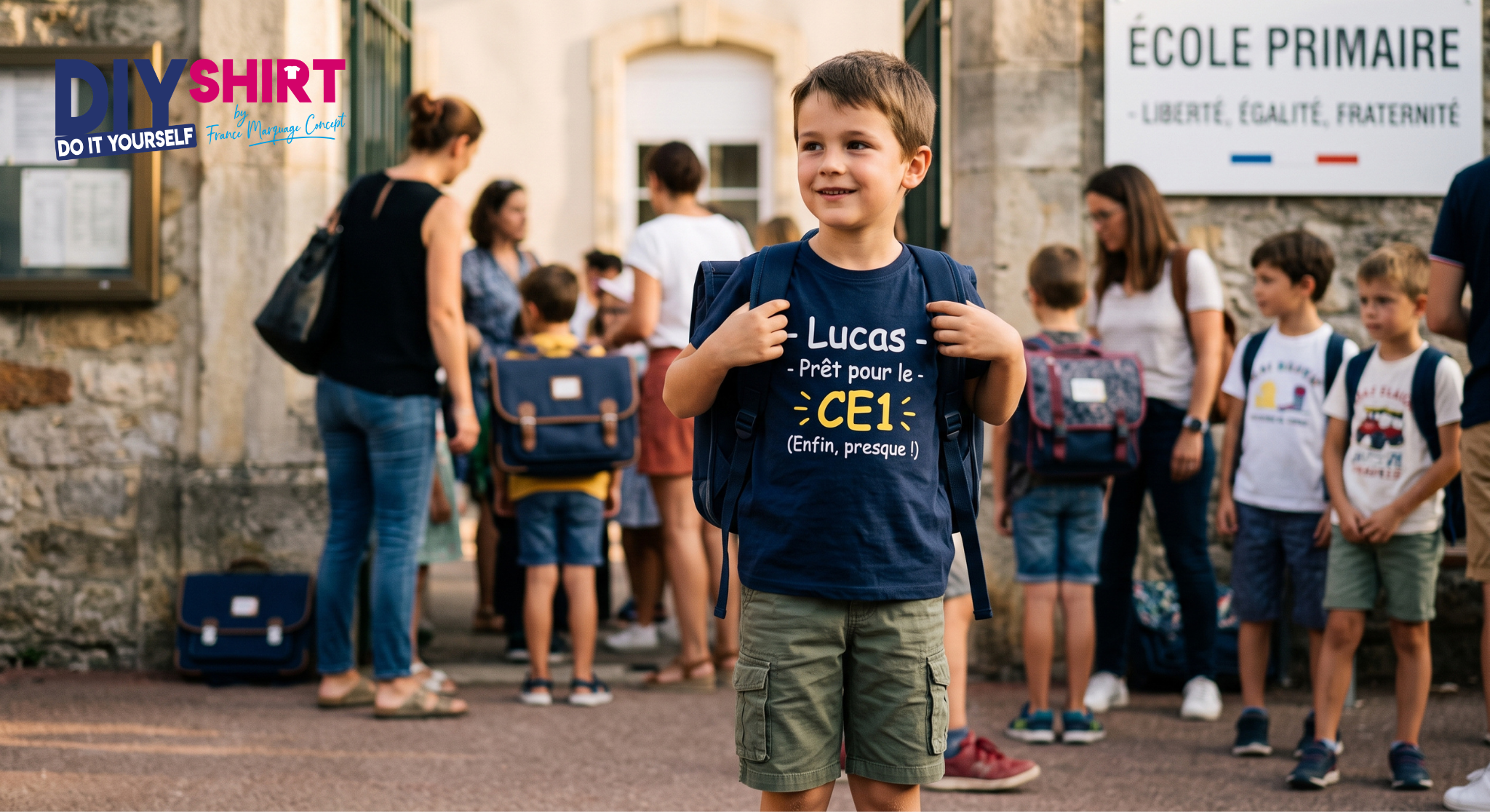 Un petit garçon souriant le jour de la rentrée devant son école primaire, portant un vêtement personnalisé enfant bleu marine avec l'inscription humoristique "Lucas prêt pour le CE1".